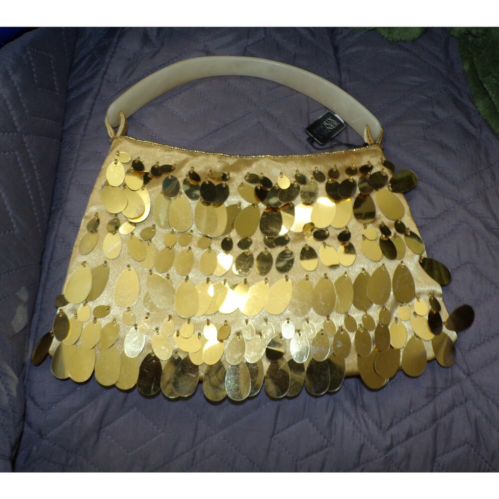 Bijoux Terner Bag Gold Beads Metal Teardrop Decoration Satin Vtg Plastic Handle - Picture 5 of 5